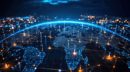 Poster - Digital Global Network Connection Map with Abstract Light Effects