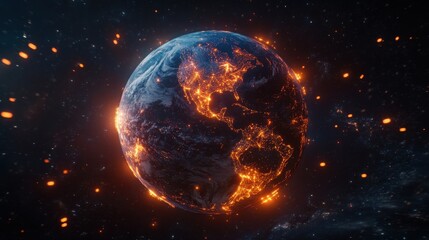 Wall Mural - Earth Surrounded by Cosmic Flames and Glowing Energy Particles