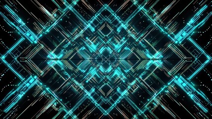 Poster - a digital circuit board pattern with glowing neon blue and green lines intersecting on a black backg