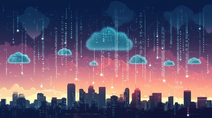 Aufkleber - Futuristic City Skyline with Digital Clouds and Data Rain Effects