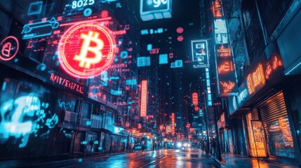 Aufkleber - Neon Cityscape at Night with Cryptocurrency Symbols and Lights