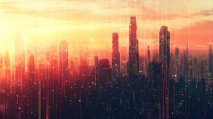 Wall Mural - Vibrant City Skyline at Sunset with Abstract Light Effects