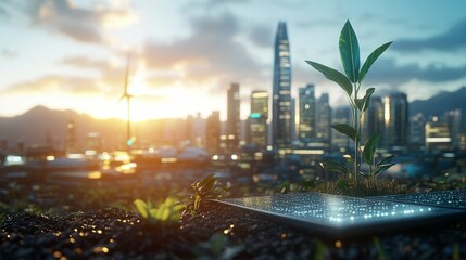 Poster - A small plant grows next to a solar panel in an urban setting.