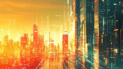 Aufkleber - Futuristic Cityscape with Bright Colors and Dynamic Light Effects