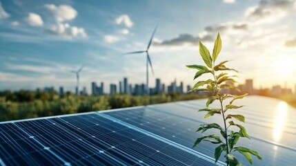 Wall Mural - Sunlight shines on solar panels and a young plant, highlighting the fusion of renewable energy and nature in a modern city. Wind turbines spin in the background, promoting clean energy.