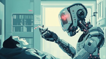 Poster - futuristic medical robots dispensing medicine to patients