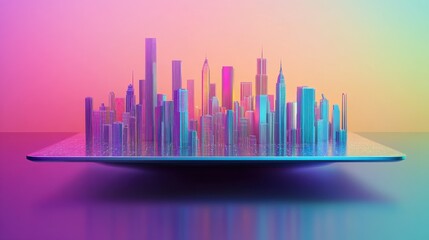 Aufkleber - Futuristic Digital Cityscape with Vibrant Colors and Technology Effects