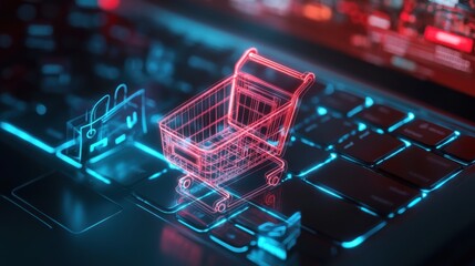 Poster - Digital Shopping Cart Overlay on Laptop Keyboard Concept Image