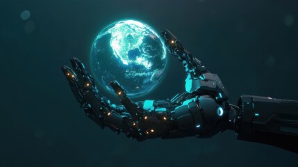 Poster - Futuristic Robotic Hand Holding a Glowing Earth in Space