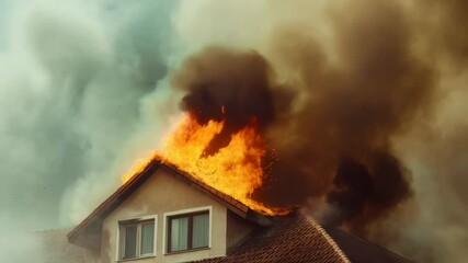 Poster - Large flames engulfing the roof of a residential building, billowing thick clouds of smoke and creating a significant fire hazard, highlighting the urgency of emergency response efforts