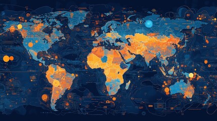 Poster - A digital map showing data trends in different regions, highlighting areas of interest such as population growth, income levels, and climate pattern