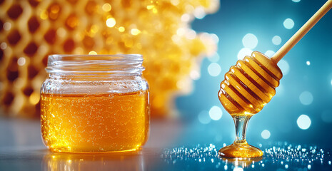 Poster - A jar of organic honey sits on a surface with a honey dipper drizzling golden liquid into it. Behind, honeycomb shines in soft light, showcasing the natural essence of beekeeping.
