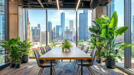 Aufkleber - A spacious conference area features a long wooden table surrounded by sleek chairs, illuminated by natural light flooding through large windows overlooking a vibrant cityscape adorned with greenery
