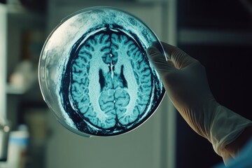 Poster - hand of scientist wearing surgical glove examining mri brain scan of patient . healthcare worker