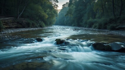 Poster - Flowing river in a tranquil forest setting during the early morning light inspiring calmness and connection with nature