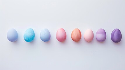 Wall Mural - Soft pastel colored easter eggs in a row on a white background with ample copy space