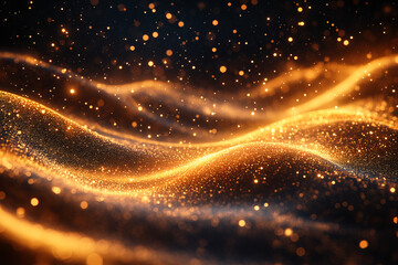 Poster - Golden Stardust Waves: Abstract digital art depicting a mesmerizing wave of golden stardust particles shimmering against a dark background, evoking feelings of luxury, magic, and wonder. 