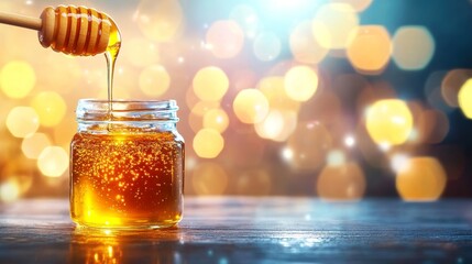 Aufkleber - Honey drips from a wooden dipper into a glass jar, reflecting warm light. The background glows with soft bokeh, creating a cozy atmosphere of natural sweetness and organic beekeeping.