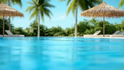 Aufkleber - Sunlight reflecting off crystal clear swimming pool water, revealing silhouettes of palm trees and straw umbrellas in a tranquil tropical resort setting
