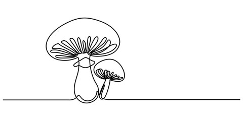 Fototapete - Mushroom food icon, Continuous one line drawing of edible mushroom. One line drawing illustration of mushroom. Fresh raw vegetable concept continuous line art. Editable outline, Abstract shaped bell. 