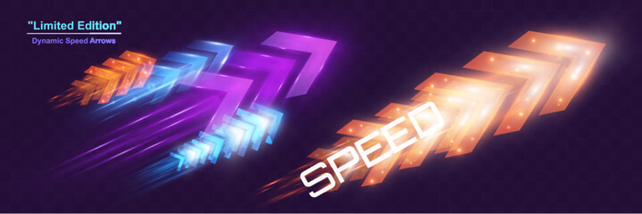 Poster - Arrow light speed motion background with futuristic glowing arrows and light streaks.
