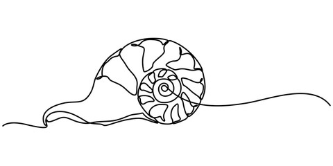 Poster - Continuous single line drawing of conch snail shell. Seashell symbol and banner of beauty spa and wellness salon in simple linear style. Vector illustration, Seashell drawing in the form of one pro. 