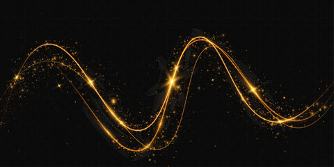 Poster - Light sparkle glitter shine glow with golden wavy light trails, glowing particles, and sparkling effects on a transparent background.
