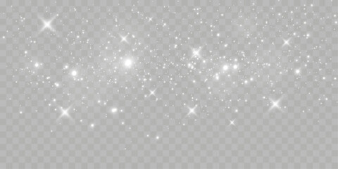 Poster - Sparkling white light particles on transparent background, glowing stars and dust effect, festive glitter overlay, magical illumination, digital abstract decoration.	
