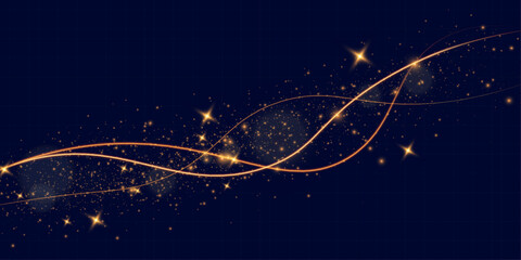 Poster - Light sparkle glitter shine glow with golden wavy light trails, glowing particles, and sparkling effects on a transparent background.
