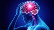 © STwul - Man's head, severe headache, brain pain, medical illustration, dark blue background, health