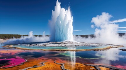 a majestic geyser erupts, sending a plume of steam and water high into the vibrant blue sky. the sur