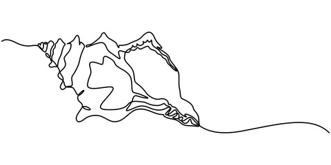 Poster - Continuous single line drawing of conch snail shell. Seashell symbol and banner of beauty spa and wellness salon in simple linear style. Vector illustration, Seashell drawing in the form of one pro. 
