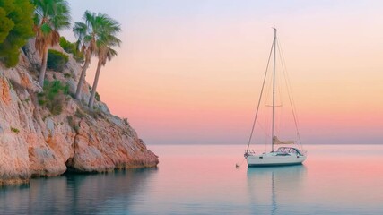 Aufkleber - Tranquil sunset illuminates a white sailboat anchored near a rocky cliff with palm trees, creating a peaceful and picturesque scene in slow motion