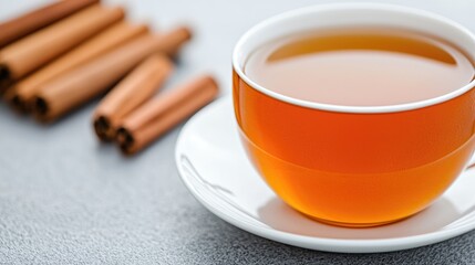 Wall Mural - Cinnamon tea cup, kitchen table, grey background, warm drink, food photography