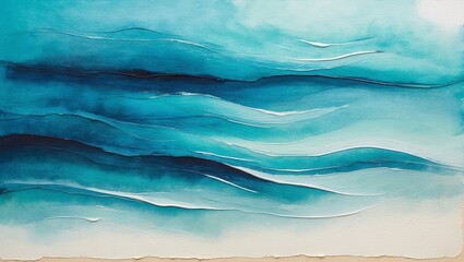 Poster - Abstract watercolor artwork depicting calm ocean waves in varying shades of blue, intended for a serene home atmosphere