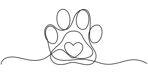 Pet Animal paw footprint in heart love concept, Dog and cat paw hearts drawn in one continuous line. Dog paw prints in a heart frame in a simple linear style. Concept of love for animals. Single line.