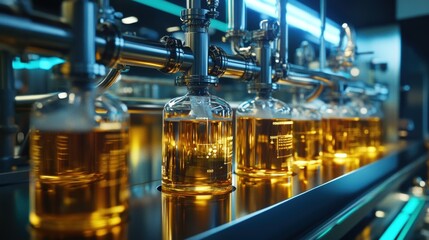 Aufkleber - modern machinery filling transparent bottles with a yellow liquid, showcasing advanced technology an
