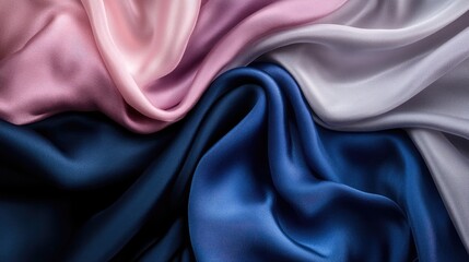 Poster - A soft-focus, luxury fabric background featuring deep, royal blue, soft pink, and rich purple silk satin folds.
