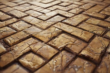 Wall Mural - Golden Brown Wet Stone Pavement Texture Background Detailed Close up of Cracked Bricks