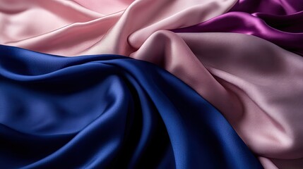 Poster - A soft-focus, luxury fabric background featuring deep, royal blue, soft pink, and rich purple silk satin folds.