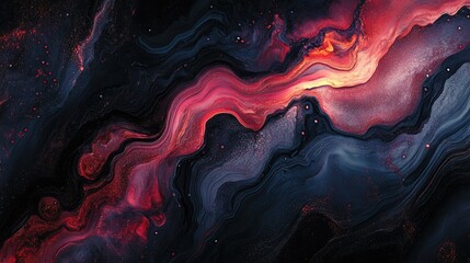 Poster - A stunning wavy abstract background featuring deep black, dark red, and garnet hues, accented with soft glowing light.