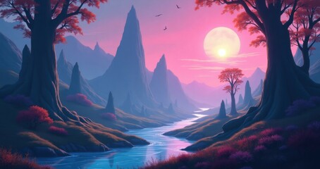 Wall Mural - Pink sun emerging behind the horizon of alien mountains