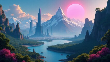 Wall Mural - Pink sun emerging behind the horizon of alien mountains