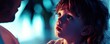 © STwul - Child looks up at adult, blue background, indoor