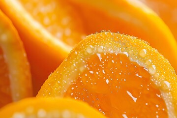 Poster - Delicious, juicy orange slices adorned with glistening dew drops, evoking freshness and vitality.