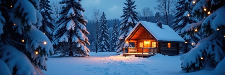 Wall Mural - Snow-covered pine trees, cozy cabin, twinkling lights, scene, holiday