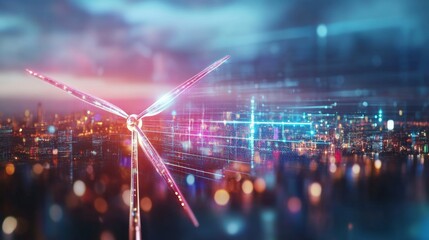 Poster - A wind turbine captures energy as the sun sets behind a bustling urban landscape. Colorful lights illuminate the skyline, creating a stunning display of renewable energy and innovation.