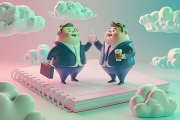 Poster - Two cheerful businessmen meet on a notepad in a dreamy cloudscape, enjoying coffee together.