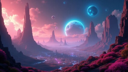Wall Mural - Pink sun emerging behind the horizon of alien mountains