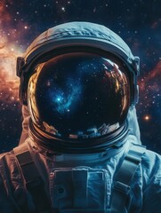 Wall Mural - astronaut portrait in space suit with galaxy reflection, deep space exploration